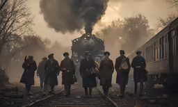 men in trench coats and overcoats walking past train