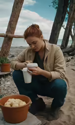 a woman sitting next to some pots on the sand holding a cup