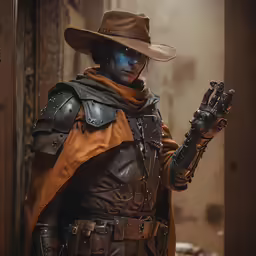 a person in a brown hat and suit with a gun