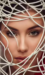 a woman with brown eyes wearing white lines