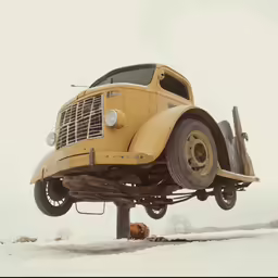 an old car sitting in the snow on a pole