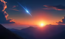 a sunset at the mountains with a rocket in the sky