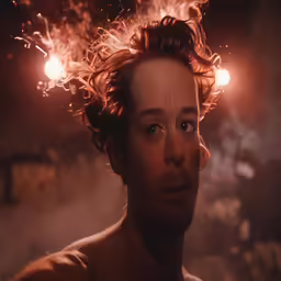 a young woman with lightening hair standing next to an object in the background