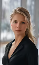 a very beautiful blond haired woman in a black blouse