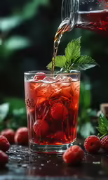 a glass of ice tea being poured over berries