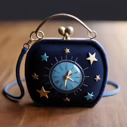 the blue purse has gold stars all around it