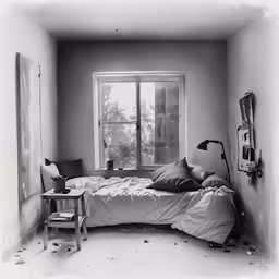 a bed sitting inside of a bedroom next to a window