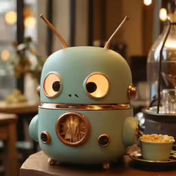 a little blue robot sitting on top of a table
