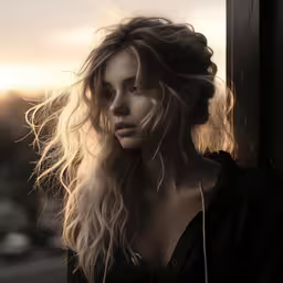 an image of a woman posing outdoors,a woman with long hair looking out of the window