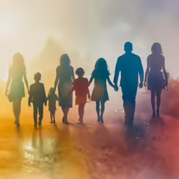 a family of four walking down a misty road