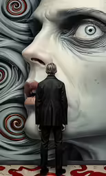 a man standing in front of an art piece with spirals on the background