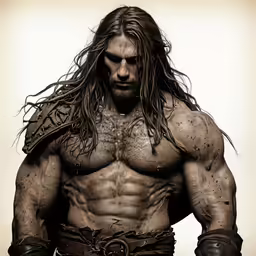 a man is standing with the muscular body and long hair