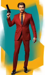 a man holding a gun while standing next to a green background