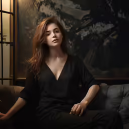 a woman sitting on a couch next to a painting