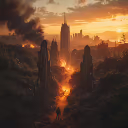 a photo of a man walking a trail surrounded by buildings