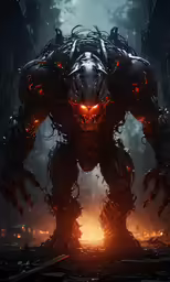 a giant robot standing in a dark forest