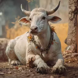 a white cow with horns on some dirt