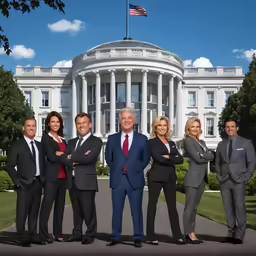 a group of well dressed people standing in front of a building