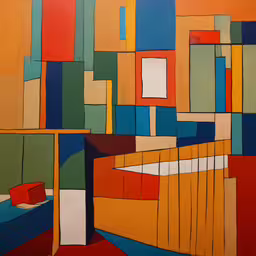 an art piece of colored, overlapping shapes,an abstract painting with multicolored colors on a wall