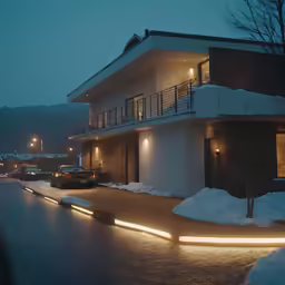 a modern white house with lights on at night