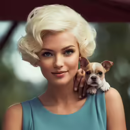 a woman with a dog in her arm
