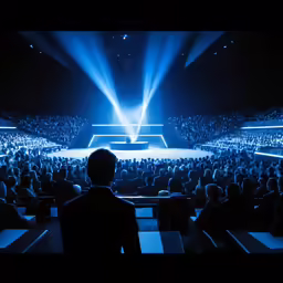 view of the stage from the back of the room