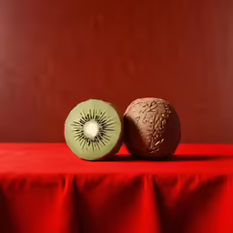 two fruits are sitting on a red table cloth