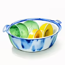 a blue and white bowl holding various items
