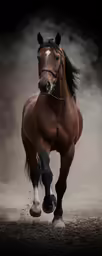 a dark brown horse running through a field