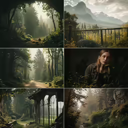 a series of four images that show the details of an old forest