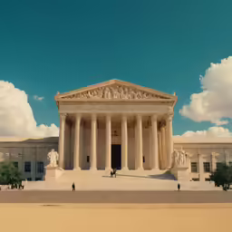the old fashioned court house has columns, pillars and a short wall