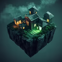 an floating house in the air above water