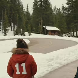 two people are walking in the snow near a winding road