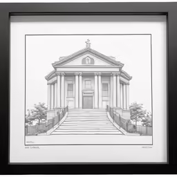 a drawing of a building that is on display