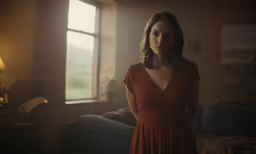 a woman in a red dress is looking to the side