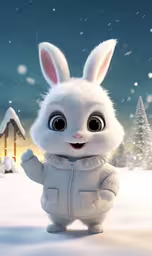 a rabbit standing up and holding something in its paws,a bunny is wearing a jacket standing in the snow