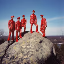 five performers dressed in red outfits stand on the rock,several mannequins dressed up standing on top of a rock