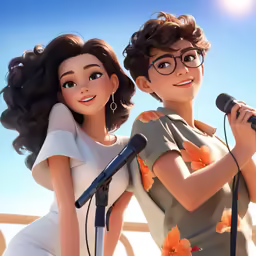 a cartoon character with a microphone with another woman behind her