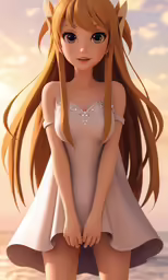 an anime girl standing in front of the ocean at sunset