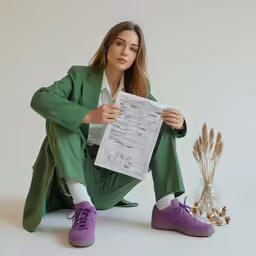 woman in green suit sitting against a white wall next to a vase holding sheet music