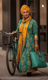a woman standing next to a bicycle carrying two bags