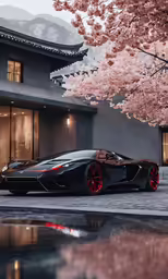 an exotic car sitting in front of a tall building