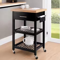 a black cart has plates on it