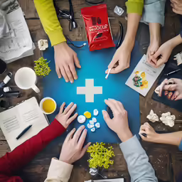 people around a table with pills, milk, and cups