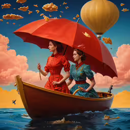 two women floating on a boat in the water holding umbrellas,two women in a boat are on a lake under an umbrella