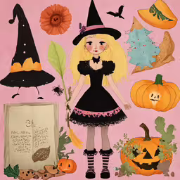 a card with a witch and pumpkins and a book,a child
