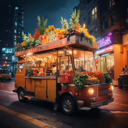 a food truck with flowers and vegetables on top in the street