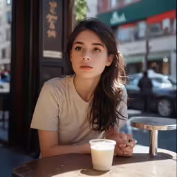 a beautiful woman sitting at a table with a cup of drink