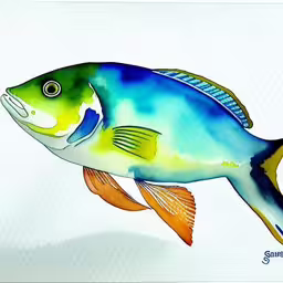 a blue and yellow fish is on a white background,a fish with bright blue and yellow markings is shown,a water color fish with brown legs and green tail,a blue and yellow fish is shown on a white background,a blue and yellow fish with a white background