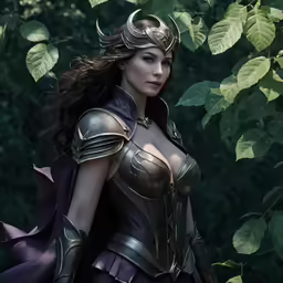 a woman wearing an armor and cape stands in front of leaves